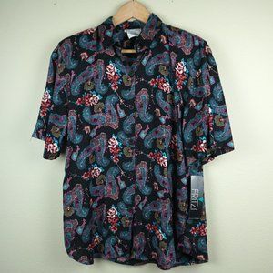 Vintage 90s Deadstock Fritzi Black Paisley & Floral Short Sleeved Button Up